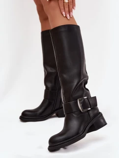 Zateplené dámské kozačky na klocku s přezkou Černé Raphaela