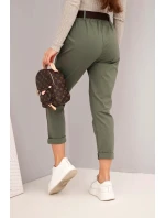 Dámské bavlněné kalhoty s páskem a ohrnutým lemem khaki