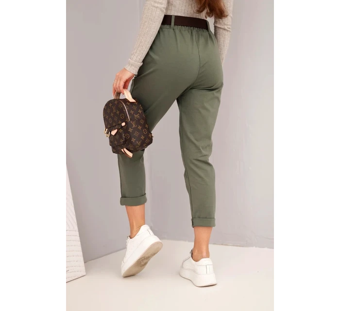 Dámské bavlněné kalhoty s páskem a ohrnutým lemem khaki