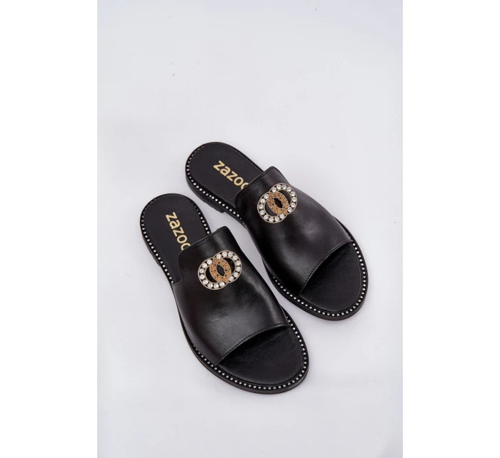 Elegantní Dámské Kožené Pantofle S Dekorací Zazoo 3008 Černé