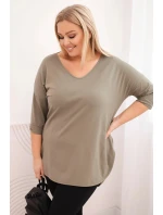 Dámská bavlněná blůza Plus Size s výstřihem do V a ohrnovacími rukávy khaki Dámská bavlněná blůza Plus Size s výstřihem do V a ohrnovacími rukávy khaki