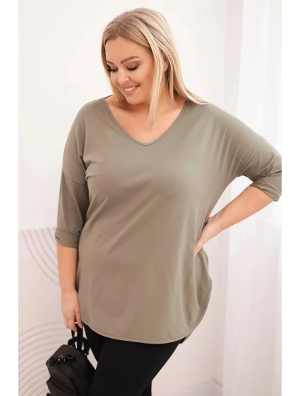 Dámská bavlněná blůza Plus Size s výstřihem do V a ohrnovacími rukávy khaki Dámská bavlněná blůza Plus Size s výstřihem do V a ohrnovacími rukávy khaki