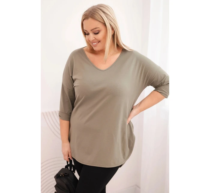 Dámská bavlněná blůza Plus Size s výstřihem do V a ohrnovacími rukávy khaki Dámská bavlněná blůza Plus Size s výstřihem do V a ohrnovacími rukávy khaki