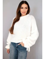 Dámský svetr s příměsí mohairu s model 21857677 pletením a ozdobnými rukávy ecru - K-Fashion