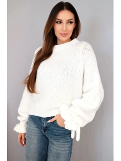 Dámský svetr s příměsí mohairu s model 21857677 pletením a ozdobnými rukávy ecru - K-Fashion