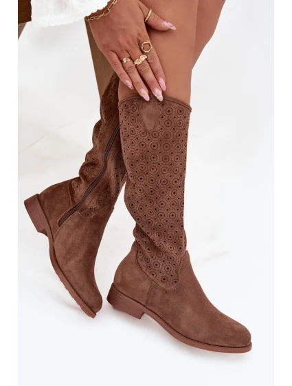 Dámské kozačky na plochém podpatku s prolamovaným vzorem S.Barski  – hnědé