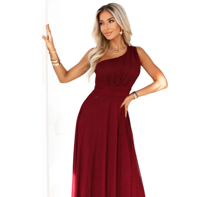 656-1 Dlouhé třpytivé večerní šaty na jedno rameno - vínové 656-1 Dlouhé třpytivé večerní šaty na jedno rameno - vínové