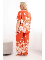 Dámský set Plus Size s halenkou a kalhotami s širokými nohavicemi s květinovým vzorem rezavá