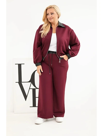 Dámská souprava Plus Size s mikinou na zip a širokými kalhotami bordó