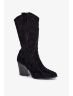 Dámské perforované kozačky ve stylu kovbojek na sloupkovém podpatku S.Barski – černé, eko kůže Dámské perforované kozačky ve stylu kovbojek na sloupkovém podpatku S.Barski – černé, eko kůže