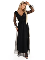 664-3 Dlouhé maxi šaty s tylovými rukávy a obálkovým výstřihem - černé 664-3 Dlouhé maxi šaty s tylovými rukávy a obálkovým výstřihem - černé