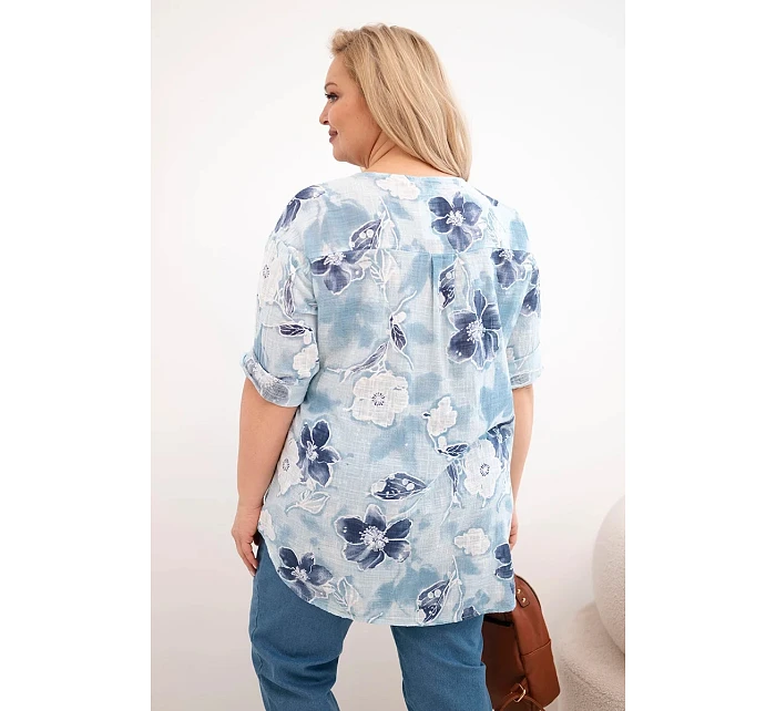 Dámská bavlněná halenka Plus Size s květinovým vzorem modrá