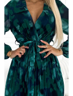 YSABEL - Plisované dámské šaty s výstřihem, dlouhými rukávy, páskem a se zeleným vzorem 415-4