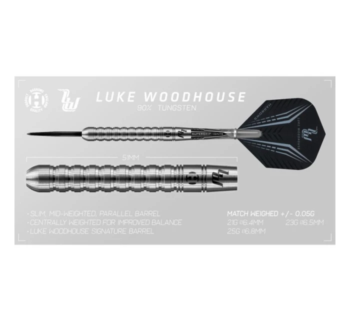 Harrows Luke Woodhouse 90% Steeltip šipky
