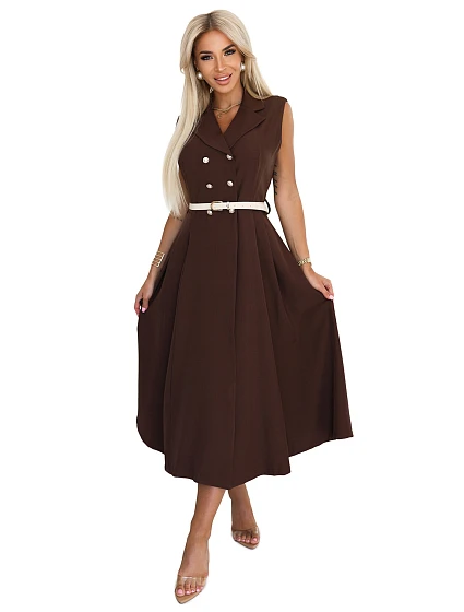 model 21232660 Elegantní midi košilka se zlatými knoflíky a páskem CHOCOLATE - numoco basic