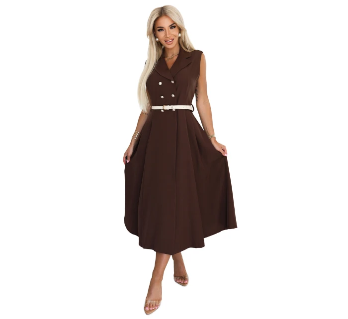 model 21232660 Elegantní midi košilka se zlatými knoflíky a páskem CHOCOLATE - numoco basic