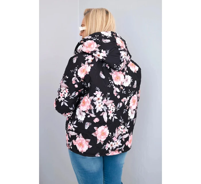 Dámská jarní prošívaná bunda Plus Size s kapucí a květinovým vzorem černá