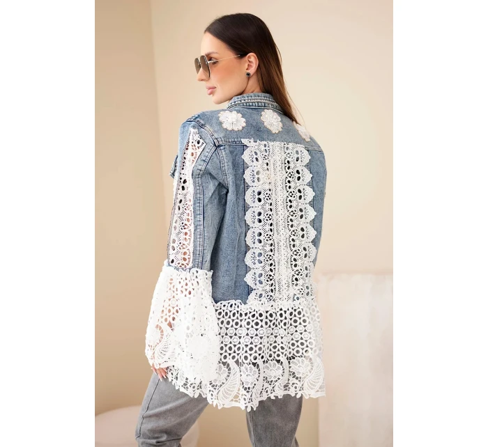 Dámská džínová bunda z bavlny a květinovou krajkou tmavě džínová