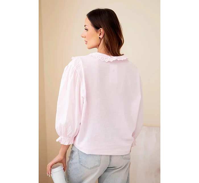 Dámská bavlněná košile s krajkou a zavazováním bonbónově růžová
