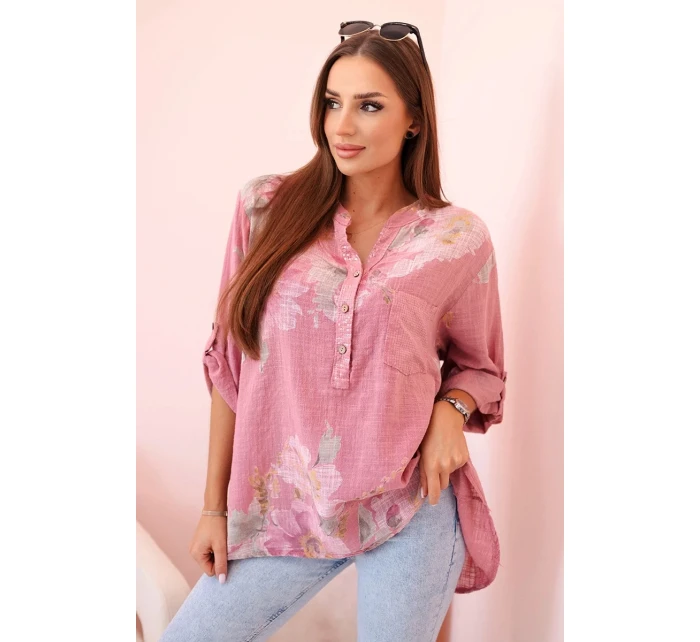 Dámská blůza z bavlny s květinovým vzorem a knoflíky v tmavě růžové barvě