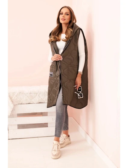 Dámská prošívaná vesta Plus Size s kapucí na zip khaki