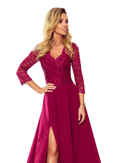 309-1 AMBER elegancka koronkowa długa suknia z dekoltem - BORDOWA