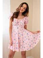 Dámské květinové šaty s nabíraným rukávem a elastickým pasem pudrově růžová