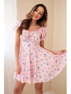 Dámské květinové šaty s nabíraným rukávem a elastickým pasem pudrově růžová