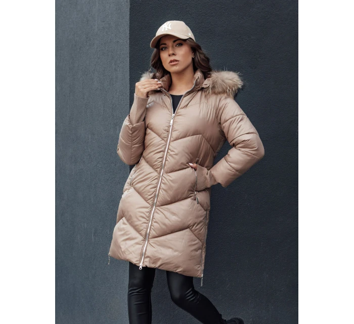 Dámská prošívaná zimní bunda z umělé kožešiny s kapucí camel model 21979752 - Dstreet