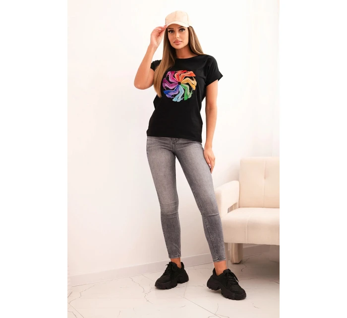 Dámská bavlněná blůza s krátkým rukávem a barevným potiskem černá