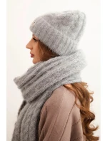 Dámská souprava čepice a šála s proužky se zdobením šedá