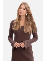 B308 Midi šaty z žebrového úpletu - hnědé