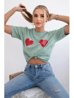 Bavlněná halenka s potiskem srdce tmavá máta