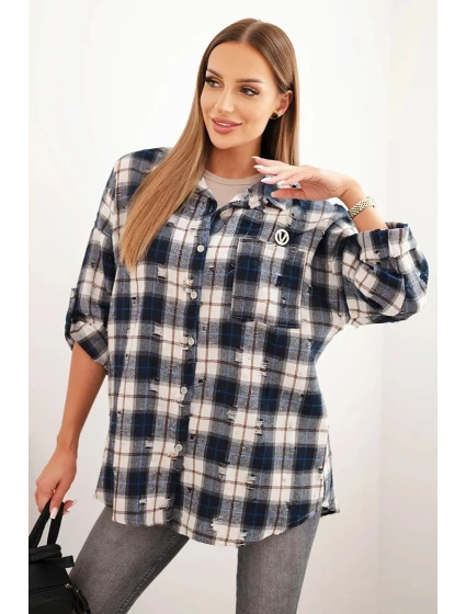 Dámská bavlněná kostkovaná košile s efektem model 21321846 modrá - K-Fashion Dámská bavlněná kostkovaná košile s efektem model 21321846 modrá - K-Fashion