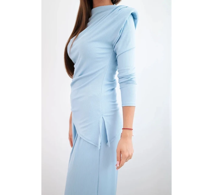 Dámský bavlněný komplet s halenou a kalhotami s širokými nohavicemi modrý Dámský bavlněný komplet s halenou a kalhotami s širokými nohavicemi modrý