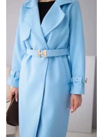 Dámský kabát s páskem a zlatými přezkami modrý