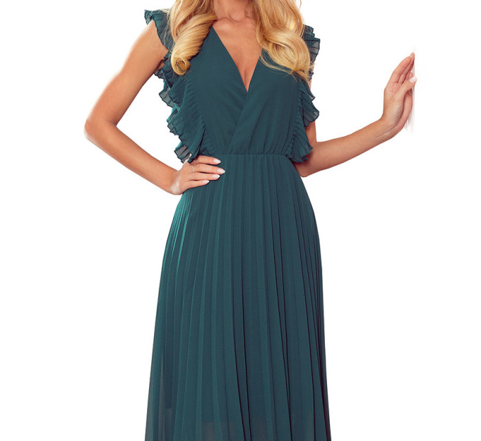 EMILY - Plisované dámské šaty v lahvově zelené barvě s volánky a výstřihem 315-1