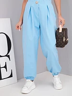 Dámské bavlněné kalhoty s vysokým pasem a ozdobným knoflíkem modré