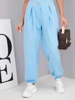 Dámské bavlněné kalhoty s vysokým pasem a ozdobným knoflíkem modré