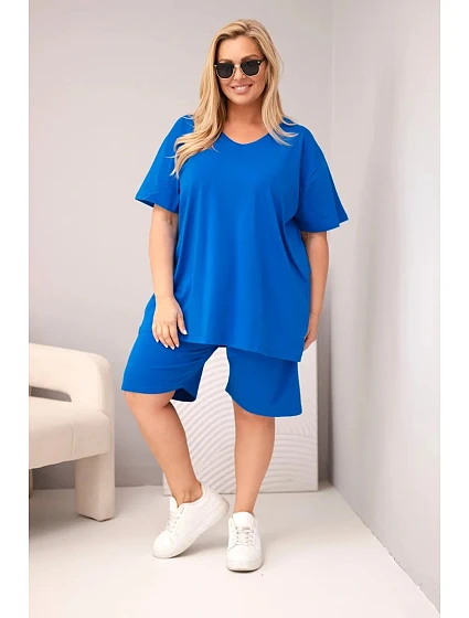 Dámský bavlněný komplet Plus Size s halenkou a kraťasy chrpově modrý