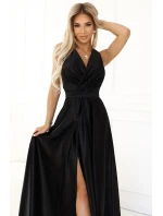 587-2 MONIQUE dlouhé exkluzivní saténové šaty s výstřihem a rozparkem na nohou - BLACK 587-2 MONIQUE dlouhé exkluzivní saténové šaty s výstřihem a rozparkem na nohou - BLACK