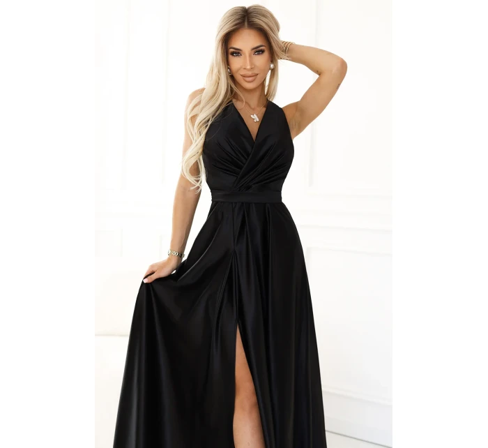 587-2 MONIQUE dlouhé exkluzivní saténové šaty s výstřihem a rozparkem na nohou - BLACK 587-2 MONIQUE dlouhé exkluzivní saténové šaty s výstřihem a rozparkem na nohou - BLACK
