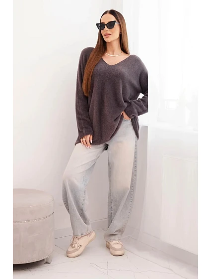 Dámský svetr hnědý z vlny s výstřihem do V hnědý