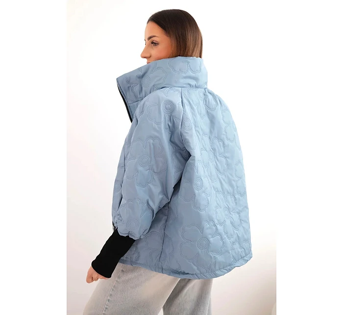 Dámská jarní prošívaná bunda s ozdobnou ražbou a zipem jeansová