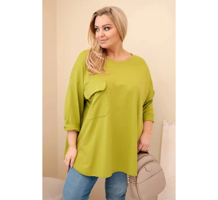 Dámská blůza Plus Size s bavlnou, kapsou a ohrnutým rukávem olivová