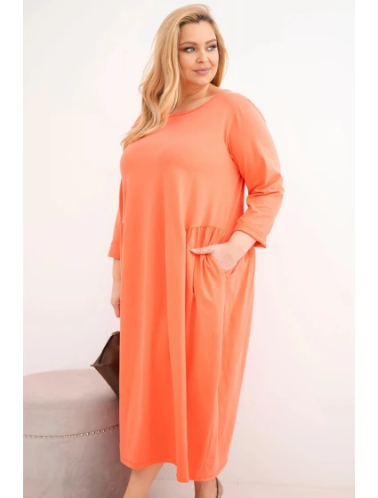 Dámská sukýnka Plus Size bavlněná s dlouhým rukávem a nařasením v pase meruňková