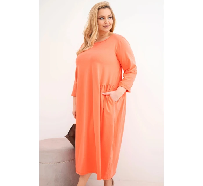 Dámská sukýnka Plus Size bavlněná s dlouhým rukávem a nařasením v pase meruňková