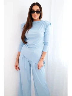 Dámský bavlněný komplet s halenou a kalhotami s širokými nohavicemi modrý