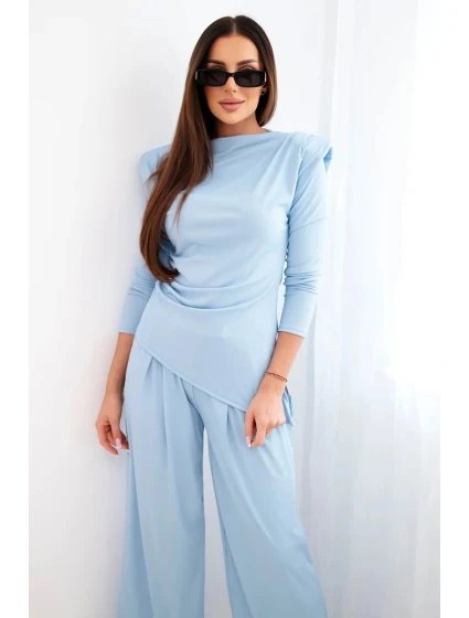 Dámský bavlněný komplet s model 21924489 a kalhotami s širokými nohavicemi modrý - K-Fashion