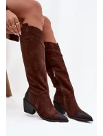 Kozačky Kovábojky Dámské Na Podpatku Z Přírodního Semiše Artiker 57C0230 Hnědé